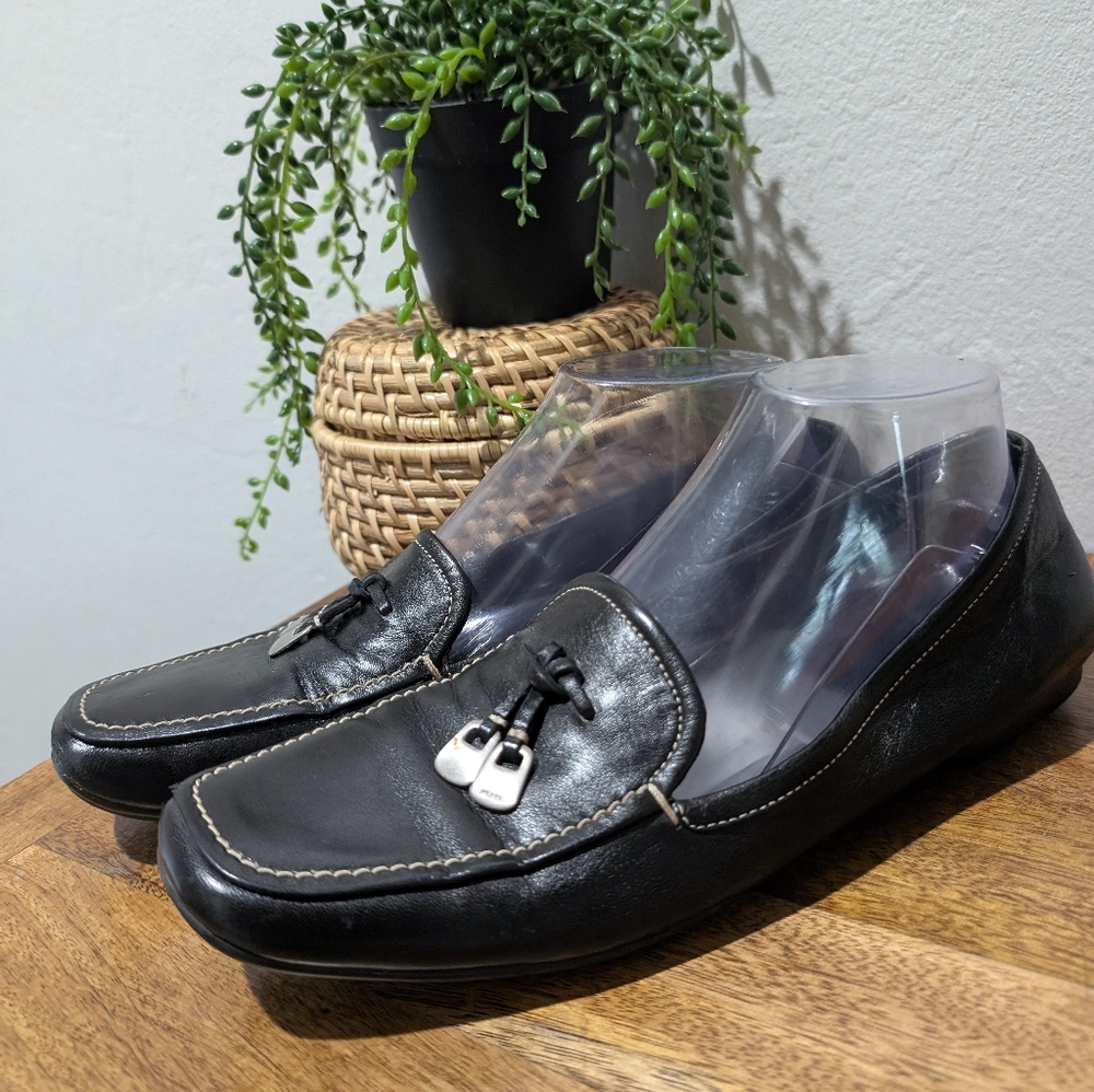 Prada Silver‎ and Black Loafers with Elegant Metallic Ornament